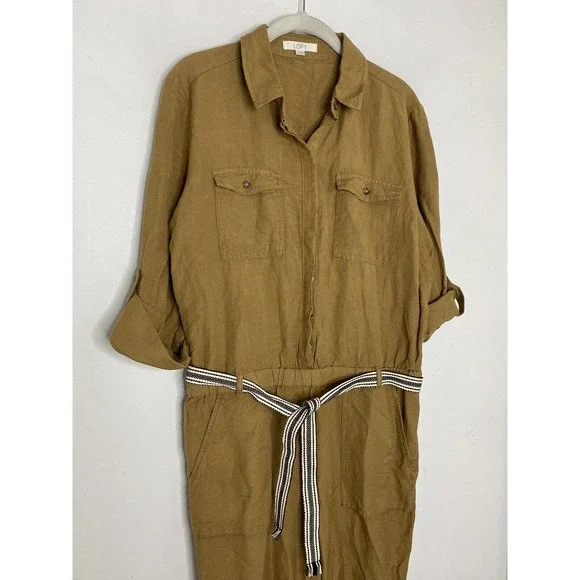 Ann Taylor LOFT Linen Blend Utility Mustard Yellow Roll Tab Sleeve Jumpsuit S - Picture 3 of 6